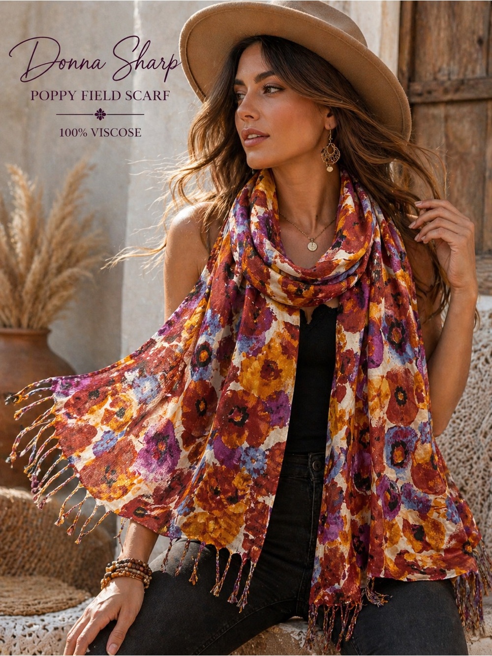 Donna Sharp Poppy Field Scarf 100% Viscose Boho Floral Wrap Shawl